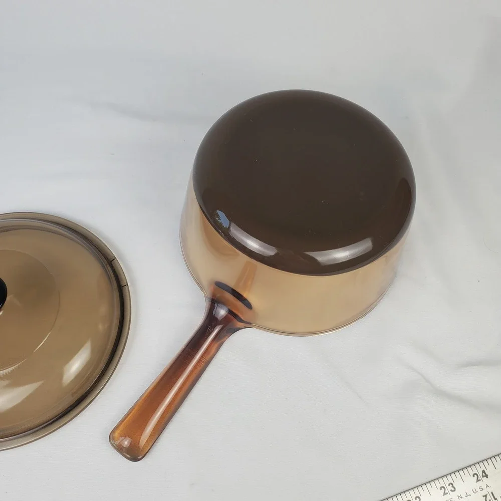 Vintage Corning Vision Ware 1.5 L Amber Glass Pot Sauce Pan With Lid Made In USA